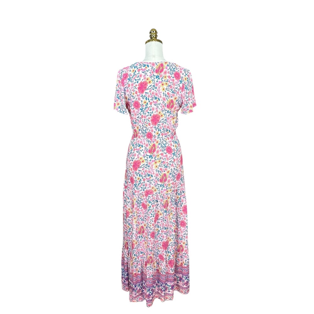 Viovimos Pink Floral Boho Maxi Dress V-Neck‎ Tiered Button Front Size S 4/6 - Picture 6 of 8